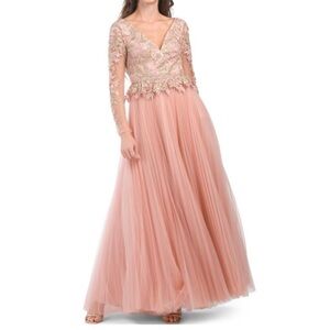 MAC DUGGAL Rose Gold Lace Floral Gown Pleated Tulle Skirt - originally $800
